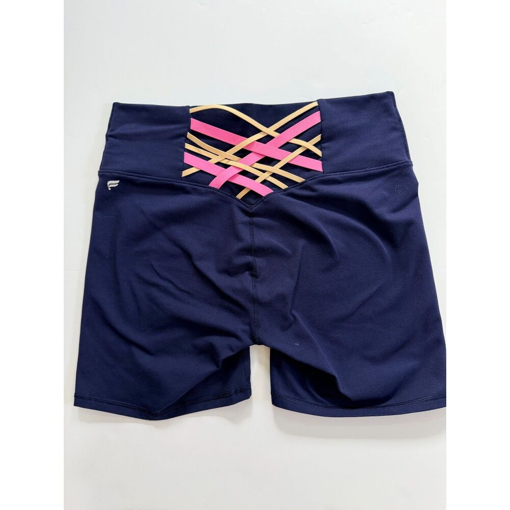 Fabletics Navy Boost PowerHold 6” Lattice Strappy Bike Shorts